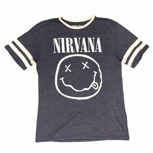[3/$30] Gray Blue White Nirvana Smiley Face Logo Band Ringer T Shirt Large